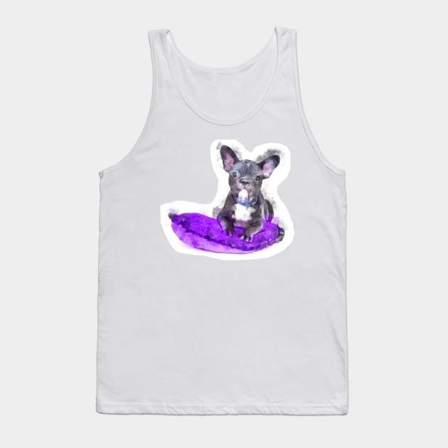 Cute Black And White Bulldog Puppy On A Purple Cusion Digital Portrait Tank Top by NeavesPhoto